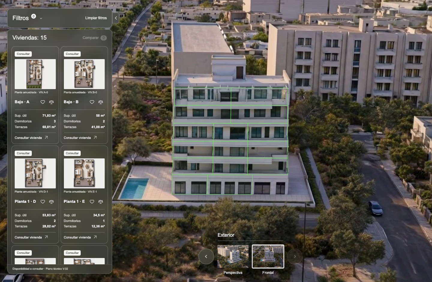 Visor de Ansaldo con el edificio en 3D, la malla de viviendas y sus planos amueblados